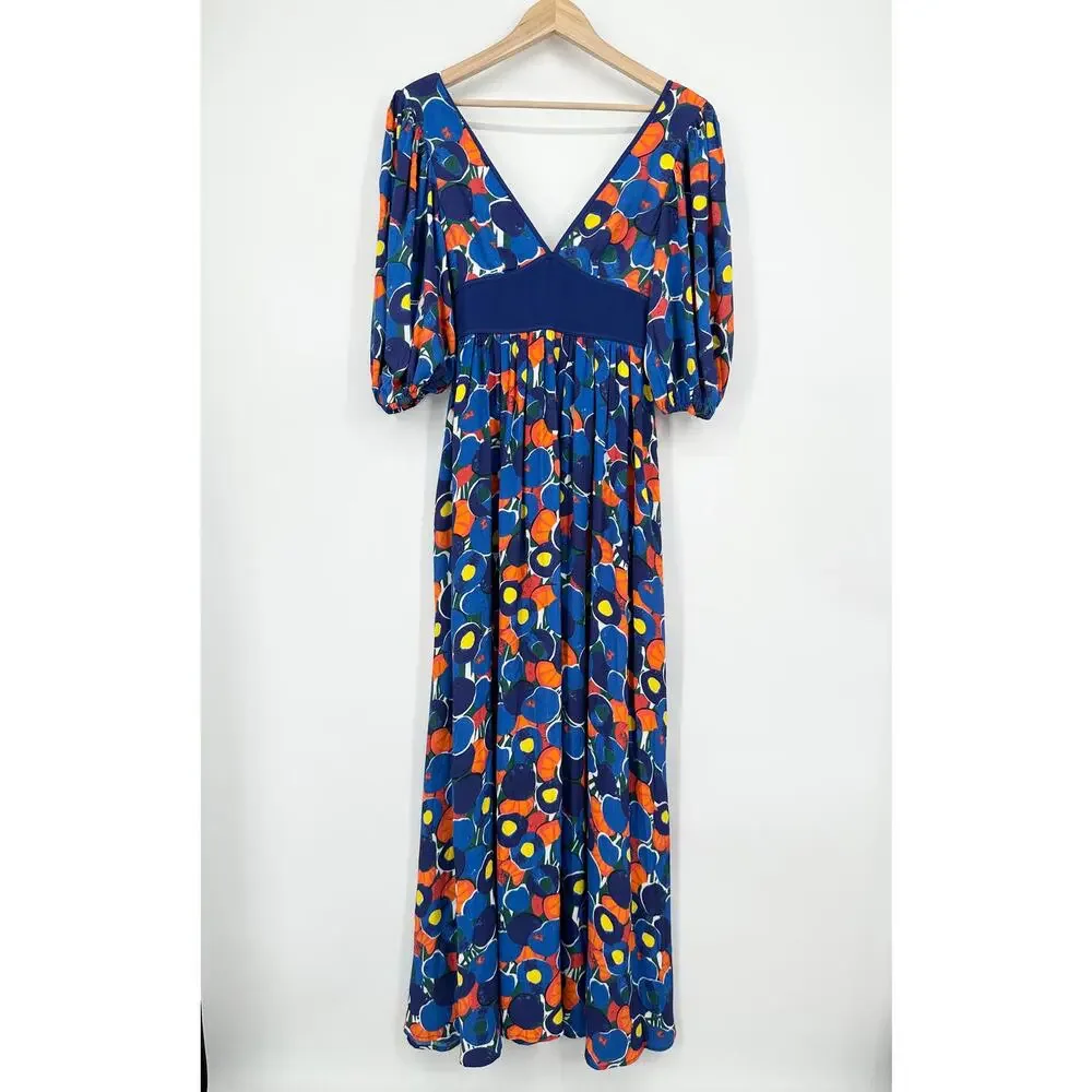 STAUD Affogato Maxi Dress V-Neck Balloon Sleeve Fruit Print Belted, Blue NWT - Picture 7 of 16